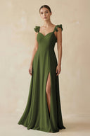Ruffled Chiffon A - Line Long Bridesmaid Dress in Olive - SHE IS ME