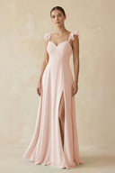 Ruffled Chiffon A - Line Long Bridesmaid Dress in Pale Blush - SHE IS ME