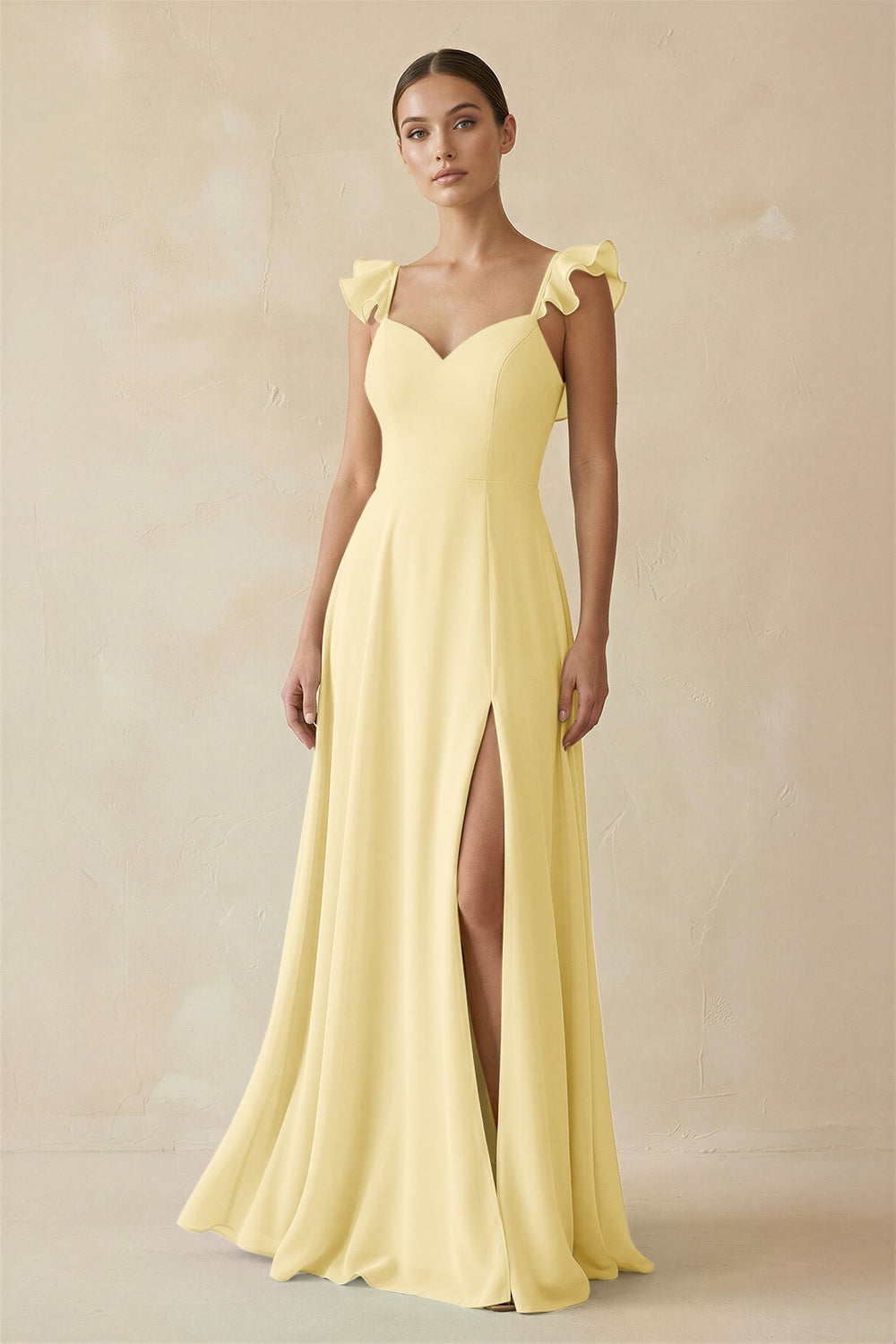 Ruffled Chiffon A - Line Long Bridesmaid Dress in Pastel Yellow - SHE IS ME