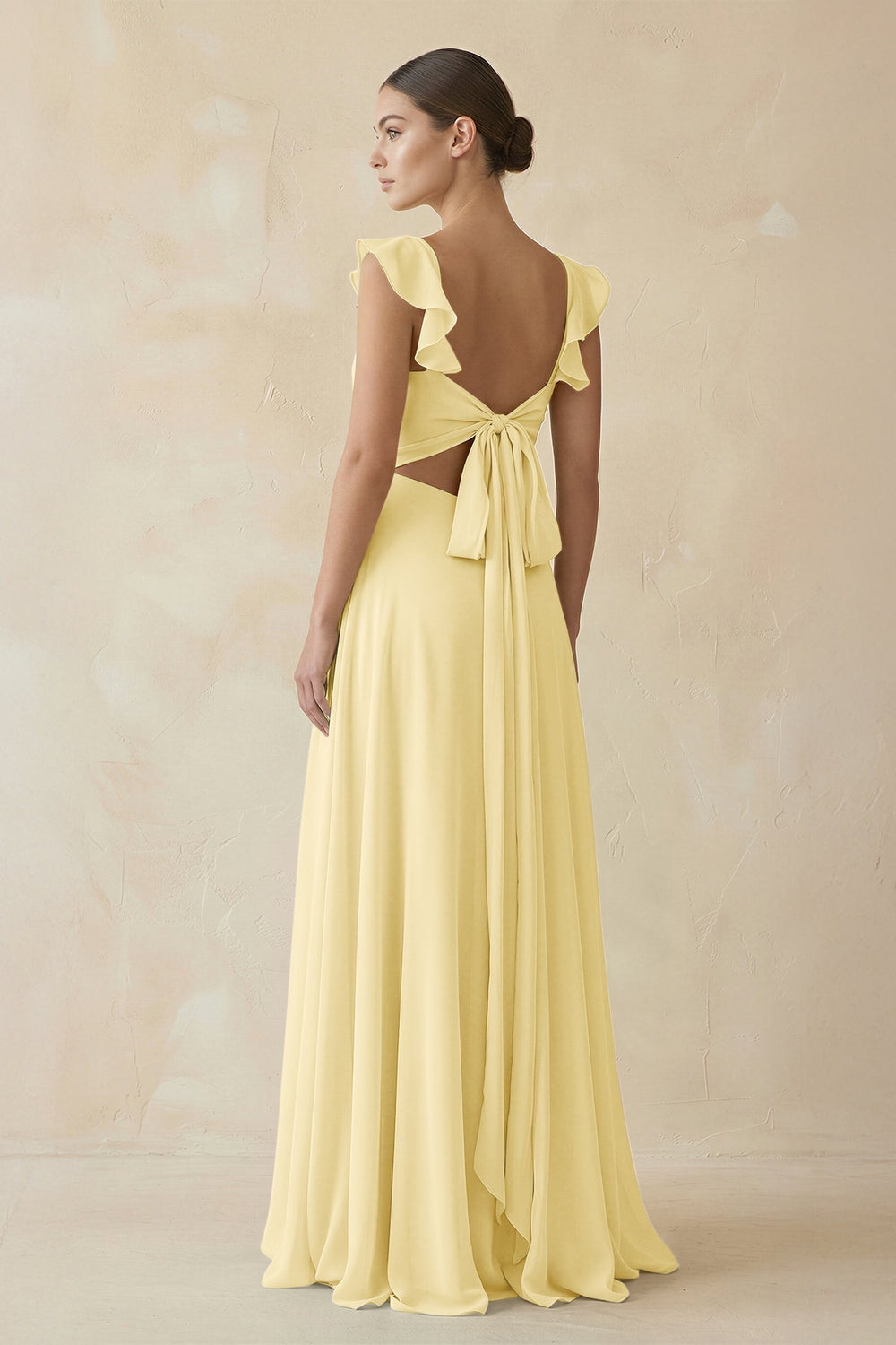 Ruffled Chiffon A - Line Long Bridesmaid Dress in Pastel Yellow - SHE IS ME