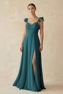 Ruffled Chiffon A - Line Long Bridesmaid Dress in Pine - SHE IS ME