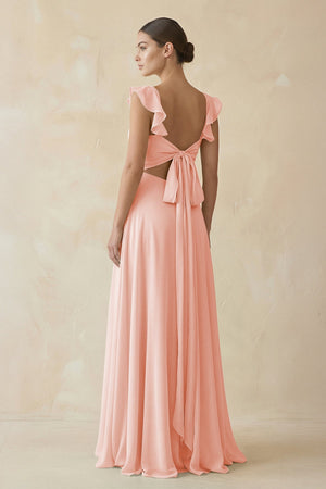 Ruffled Chiffon A - Line Long Bridesmaid Dress in Rose Petal - SHE IS ME