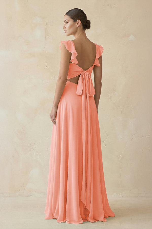 Ruffled Chiffon A - Line Long Bridesmaid Dress in Rosette - SHE IS ME
