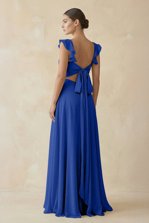 Ruffled Chiffon A - Line Long Bridesmaid Dress in Royal Blue - SHE IS ME