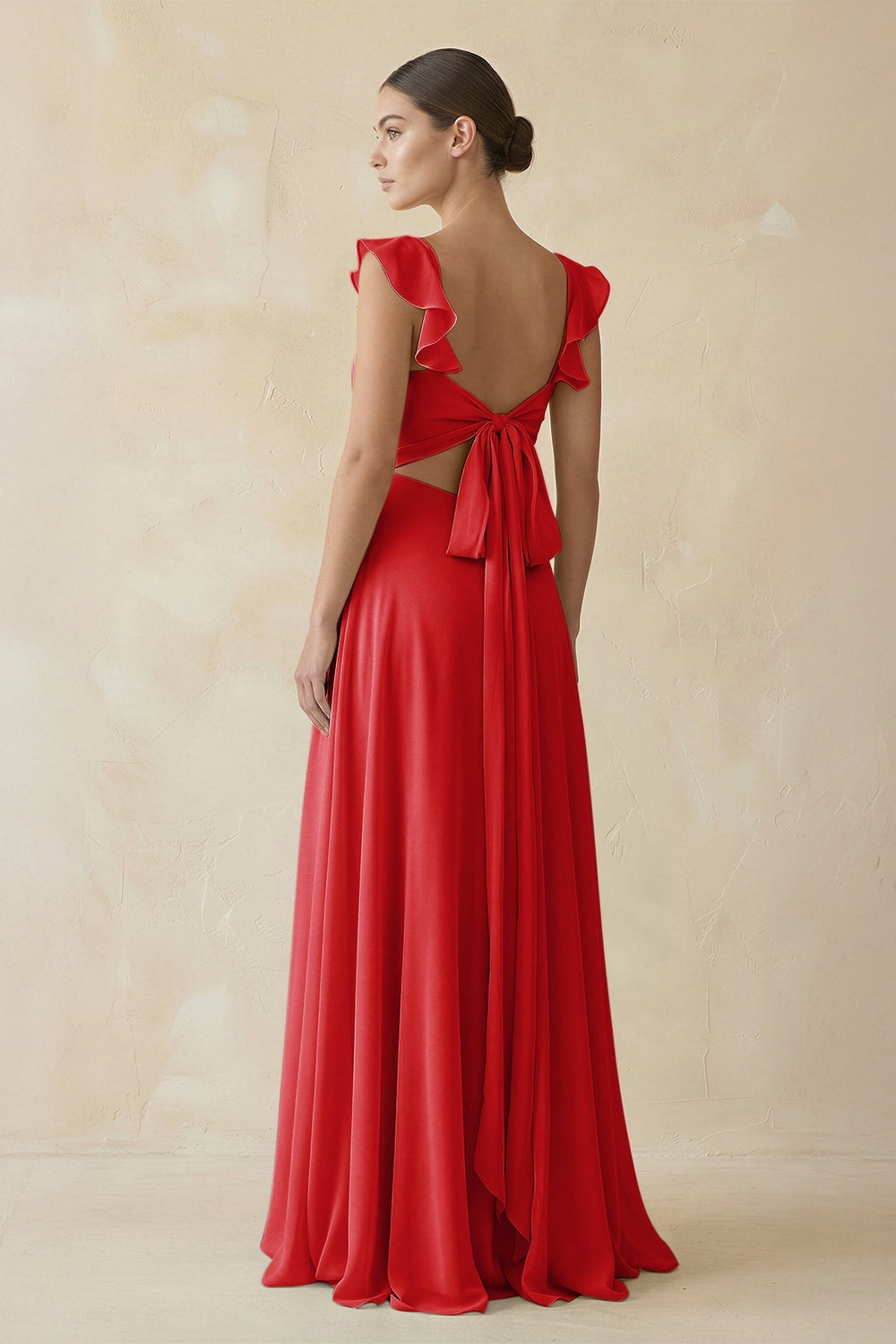 Ruffled Chiffon A - Line Long Bridesmaid Dress in Ruby Red - SHE IS ME