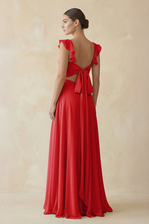 Ruffled Chiffon A - Line Long Bridesmaid Dress in Ruby Red - SHE IS ME