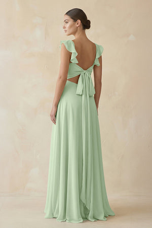 Ruffled Chiffon A - Line Long Bridesmaid Dress in Sage - SHE IS ME
