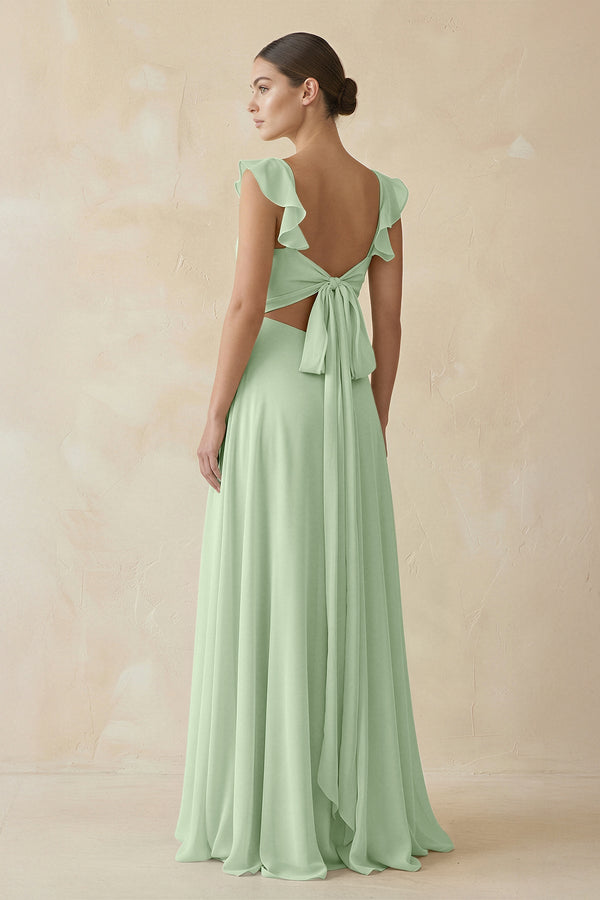 Ruffled Chiffon A - Line Long Bridesmaid Dress in Sage - SHE IS ME