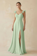 Ruffled Chiffon A - Line Long Bridesmaid Dress in Sage - SHE IS ME