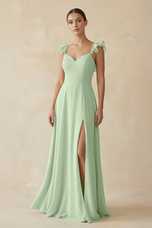 Ruffled Chiffon A - Line Long Bridesmaid Dress in Sage - SHE IS ME