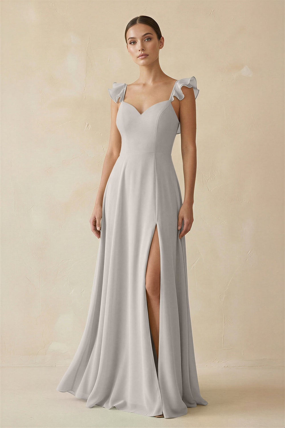 Ruffled Chiffon A - Line Long Bridesmaid Dress in Silver - SHE IS ME