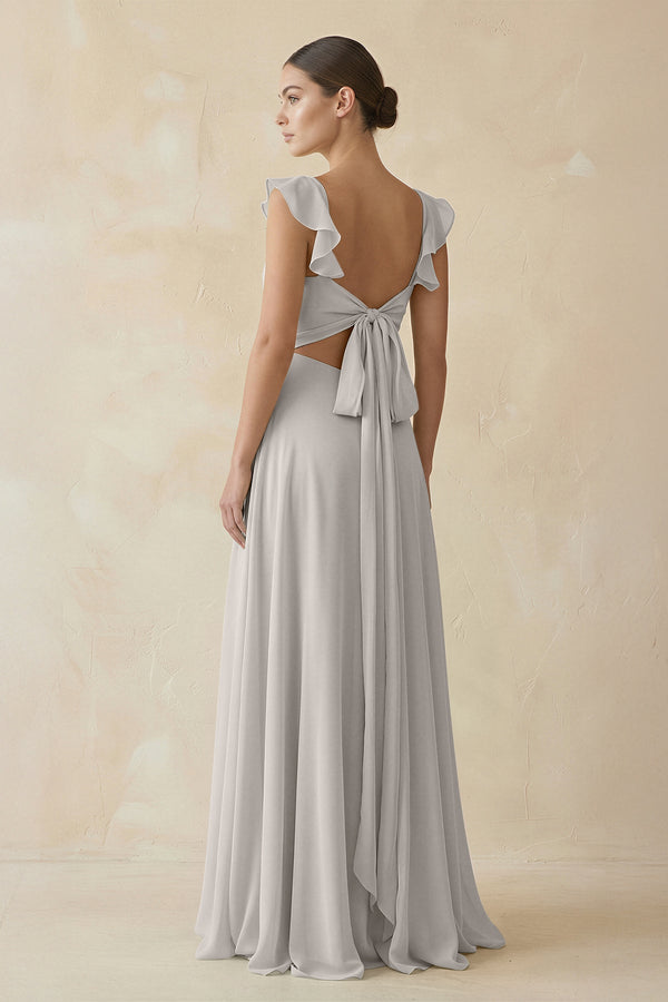Ruffled Chiffon A - Line Long Bridesmaid Dress in Silver - SHE IS ME