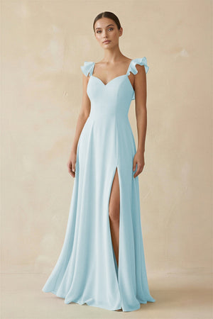 Ruffled Chiffon A - Line Long Bridesmaid Dress in Sky Blue - SHE IS ME