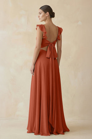 Ruffled Chiffon A - Line Long Bridesmaid Dress in Spice - SHE IS ME