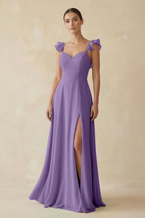 Ruffled Chiffon A - Line Long Bridesmaid Dress in Tahiti - SHE IS ME