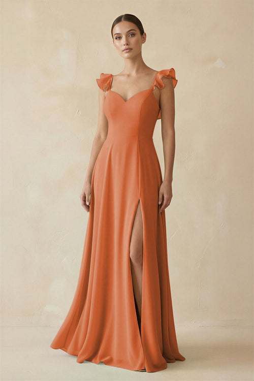 Ruffled Chiffon A - Line Long Bridesmaid Dress in Terracotta - SHE IS ME