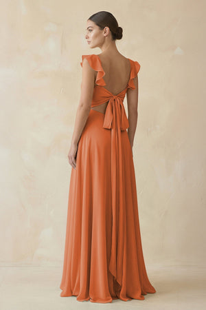 Ruffled Chiffon A - Line Long Bridesmaid Dress in Terracotta - SHE IS ME