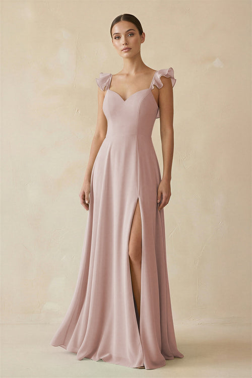 Ruffled Chiffon A - Line Long Bridesmaid Dress in Toffee - SHE IS ME