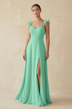 Ruffled Chiffon A - Line Long Bridesmaid Dress in Turquoise - SHE IS ME