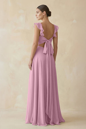 Ruffled Chiffon A - Line Long Bridesmaid Dress in Vintage Mauve - SHE IS ME
