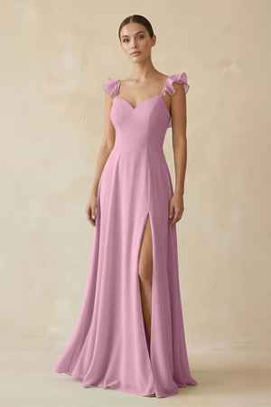 Ruffled Chiffon A - Line Long Bridesmaid Dress in Vintage Mauve - SHE IS ME