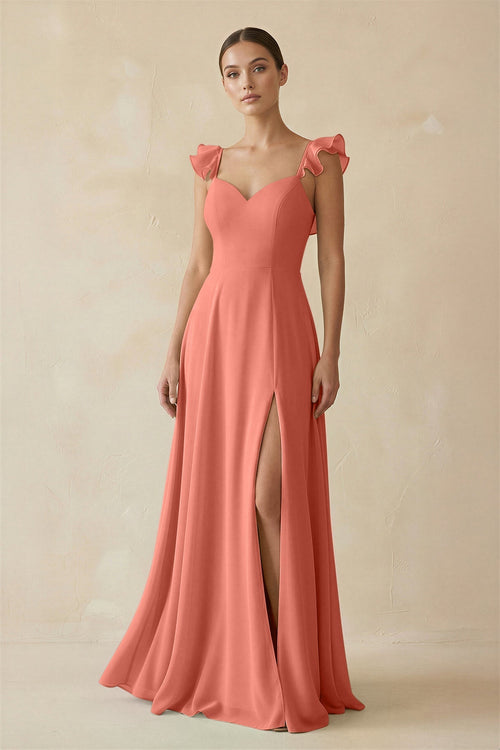 Ruffled Chiffon A - Line Long Bridesmaid Dress in Wild Rose - SHE IS ME