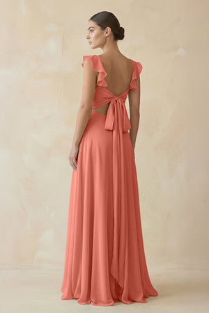 Ruffled Chiffon A - Line Long Bridesmaid Dress in Wild Rose - SHE IS ME