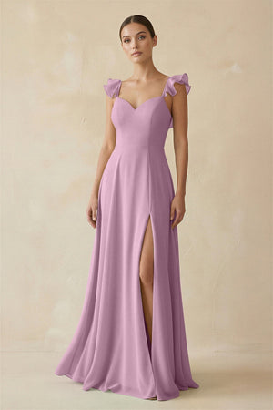 Ruffled Chiffon A - Line Long Bridesmaid Dress in Wisteria - SHE IS ME