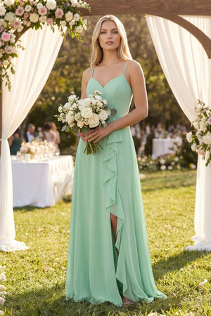 Ruffled Hem A-Line Chiffon Bridesmaid Dress in Pale Pistachio - SHE IS ME BRIDESMAID DRESSES