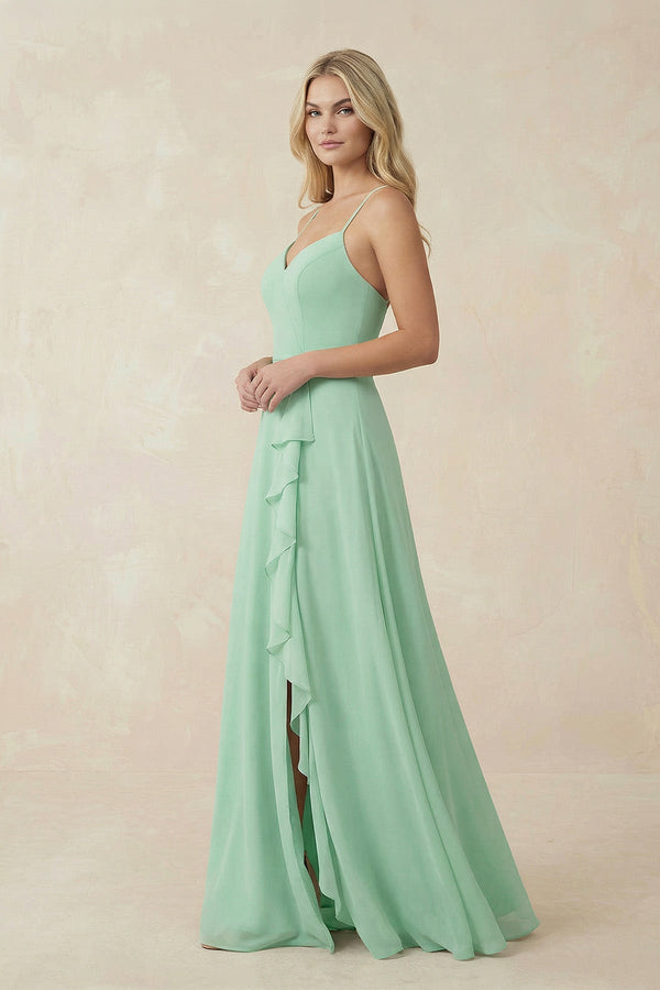 Ruffled Hem A-Line Chiffon Bridesmaid Dress in Pale Pistachio - SHE IS ME BRIDESMAID DRESSES