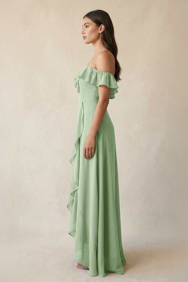 Ruffled Off-the-Shoulder A-Line Chiffon Bridesmaid Dress in Sage - SHE IS ME BRIDESMAID DRESSES