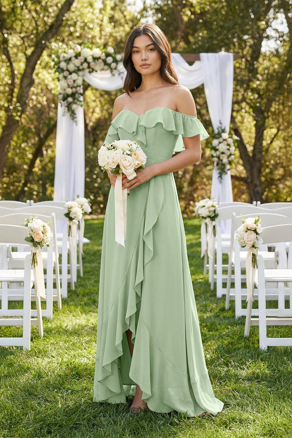 Ruffled Off-the-Shoulder A-Line Chiffon Bridesmaid Dress in Sage - SHE IS ME BRIDESMAID DRESSES