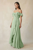 Ruffled Off-the-Shoulder A-Line Chiffon Bridesmaid Dress in Sage - SHE IS ME BRIDESMAID DRESSES