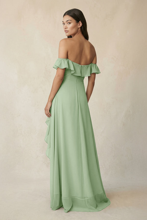 Ruffled Off-the-Shoulder A-Line Chiffon Bridesmaid Dress in Sage - SHE IS ME BRIDESMAID DRESSES