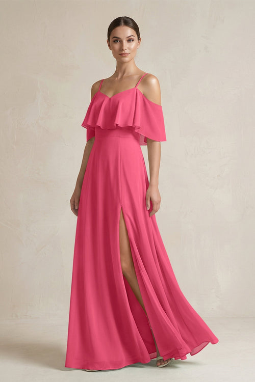 Ruffled Off - the - Shoulder A - Line Chiffon Bridesmaid Gown in Fuchsia - SHE IS ME Bridesmaid Dresses