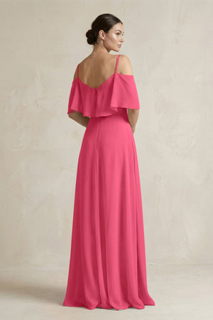 Ruffled Off - the - Shoulder A - Line Chiffon Bridesmaid Gown in Fuchsia - SHE IS ME Bridesmaid Dresses