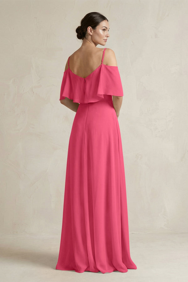 Ruffled Off - the - Shoulder A - Line Chiffon Bridesmaid Gown in Fuchsia - SHE IS ME Bridesmaid Dresses