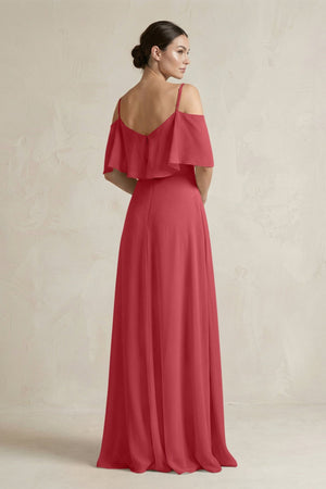Ruffled Off - the - Shoulder A - Line Chiffon Bridesmaid Gown in Merlot - SHE IS ME Bridesmaid Dresses