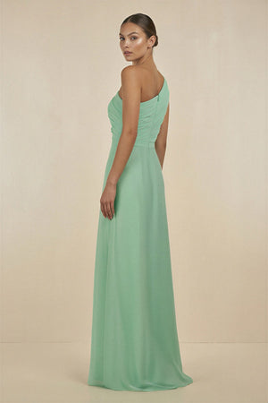 Ruffled One-Shoulder Pleated Sheath Bridesmaid Dress in Pale Pistachio - SHE IS ME BRIDESMAID DRESSES