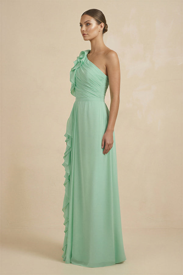 Ruffled One-Shoulder Pleated Sheath Bridesmaid Dress in Pale Pistachio - SHE IS ME BRIDESMAID DRESSES