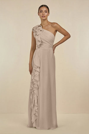 Ruffled One - Shoulder Pleated Sheath Bridesmaid Dress in Almond - SHE IS ME Bridesmaid Dresses