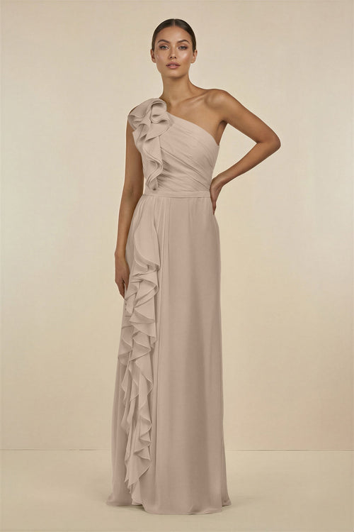 Ruffled One - Shoulder Pleated Sheath Bridesmaid Dress in Almond - SHE IS ME Bridesmaid Dresses