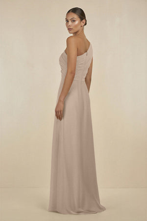 Ruffled One - Shoulder Pleated Sheath Bridesmaid Dress in Almond - SHE IS ME Bridesmaid Dresses
