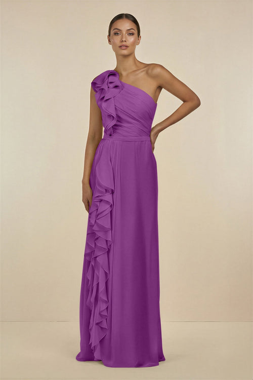 Ruffled One - Shoulder Pleated Sheath Bridesmaid Dress in Amethyst - SHE IS ME Bridesmaid Dresses