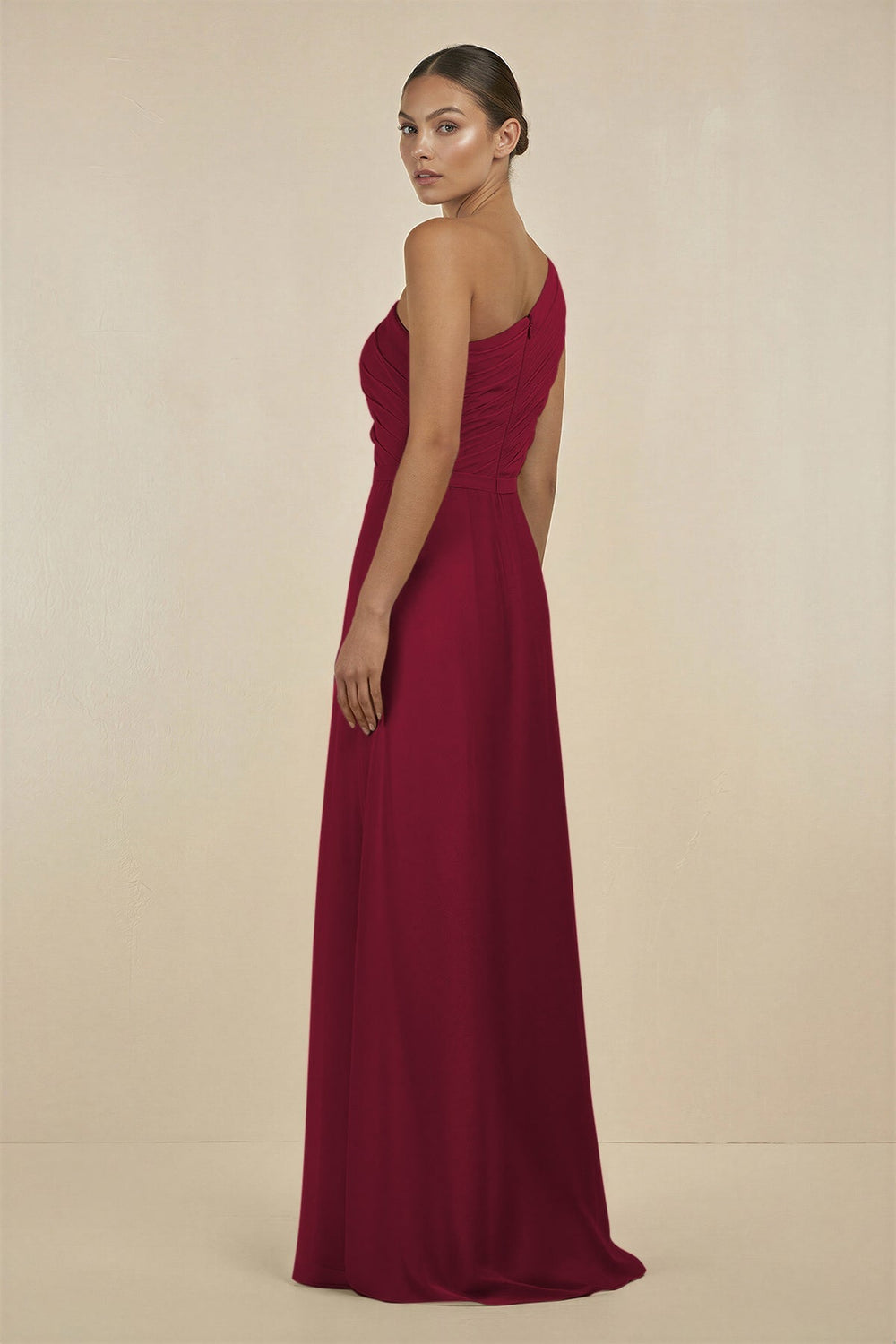 Ruffled One - Shoulder Pleated Sheath Bridesmaid Dress in Berry - SHE IS ME Bridesmaid Dresses