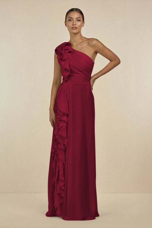 Ruffled One - Shoulder Pleated Sheath Bridesmaid Dress in Berry - SHE IS ME Bridesmaid Dresses