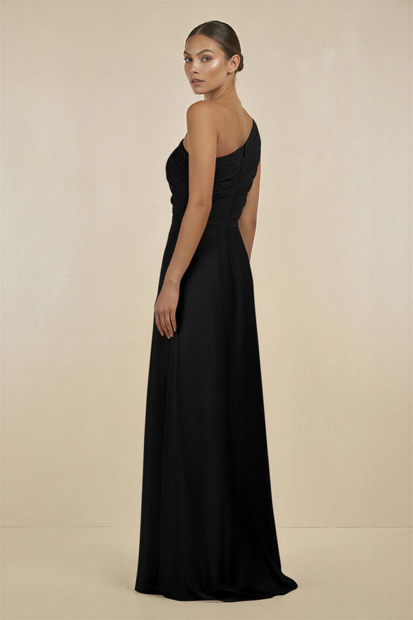 Ruffled One - Shoulder Pleated Sheath Bridesmaid Dress in Black - SHE IS ME Bridesmaid Dresses