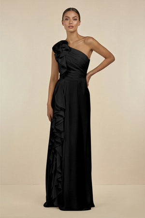 Ruffled One - Shoulder Pleated Sheath Bridesmaid Dress in Black - SHE IS ME Bridesmaid Dresses