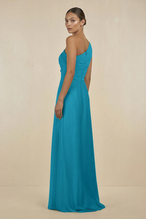 Ruffled One - Shoulder Pleated Sheath Bridesmaid Dress in Blue Jay - SHE IS ME Bridesmaid Dresses