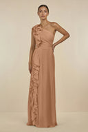 Ruffled One - Shoulder Pleated Sheath Bridesmaid Dress in Bronzer - SHE IS ME Bridesmaid Dresses